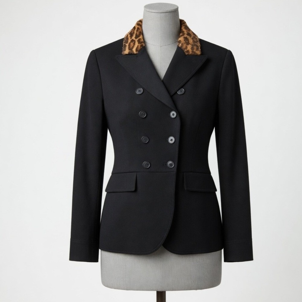 Vintage 90s Y2K Lauren Ralph Lauren Double Breasted Wool Blazer 6 Leopard Collar